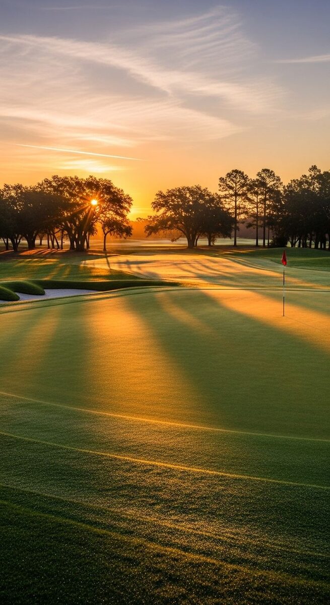 Golden hour sunset over golf course with long tree shadows across the green