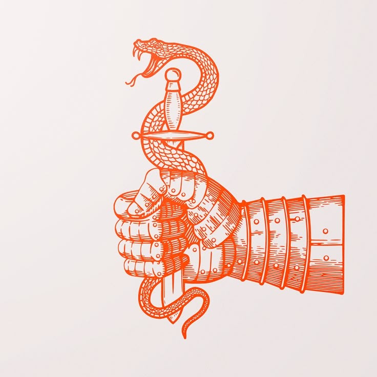 Engraved orange line illustration of a fist gripping a dagger wrapped by a snake