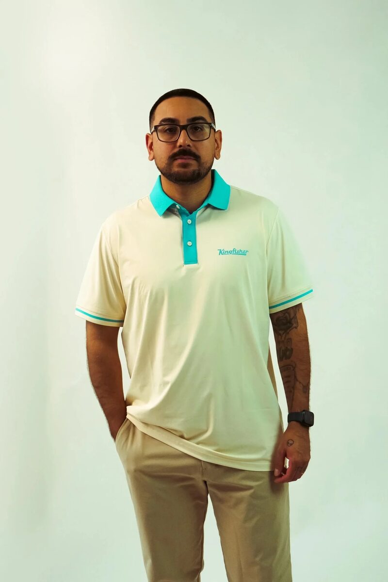 Kingfisher Golf Cream Polo — on model