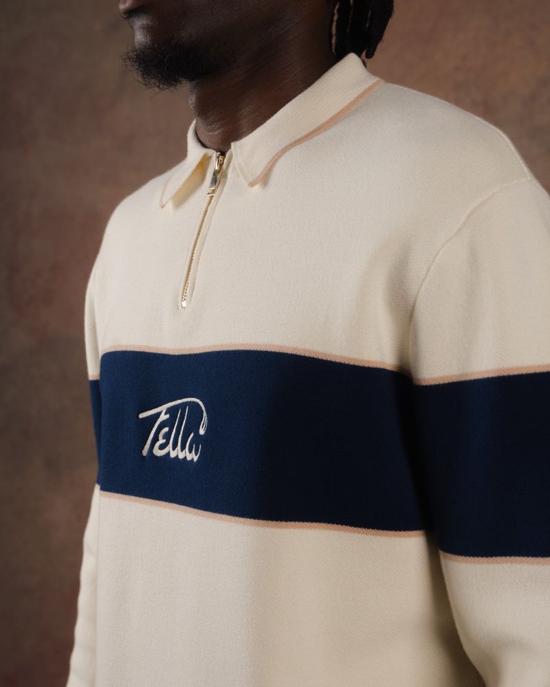 The cream Boris quarter-zip with its navy stripe up close