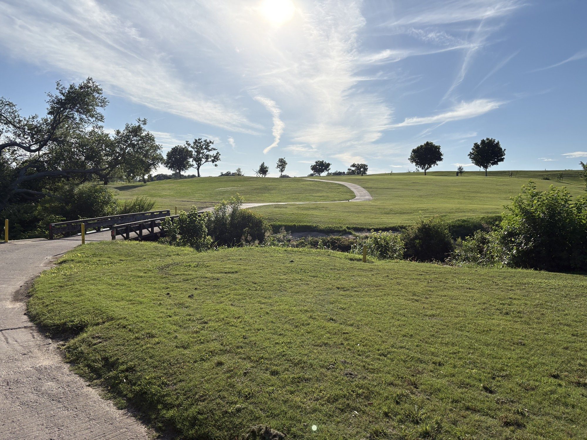 A cart path curving through open fairway at Morris Williams Golf Course, Austin, with a tree line on the horizon
