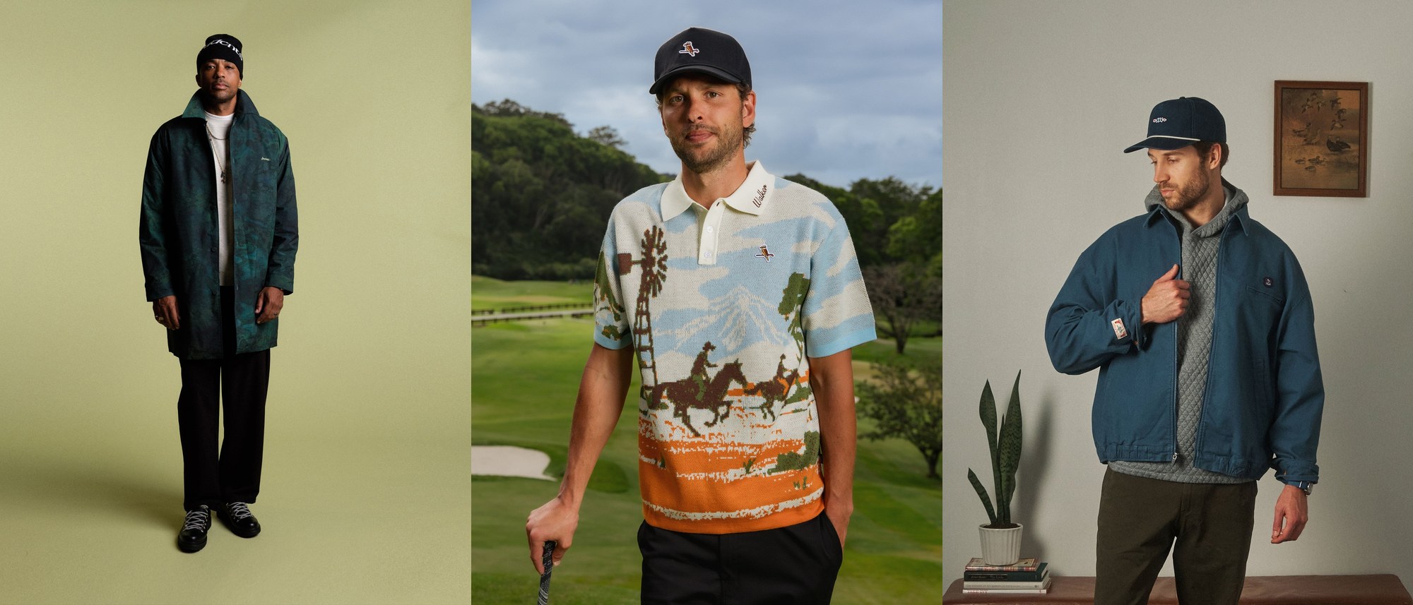 Three lookbook photos side by side: a model in Students' green camo Obispo jacket, a golfer in Walker's Outback knit polo with a stockmen and windmill jacquard, and a model in Sugarloaf's slate work jacket