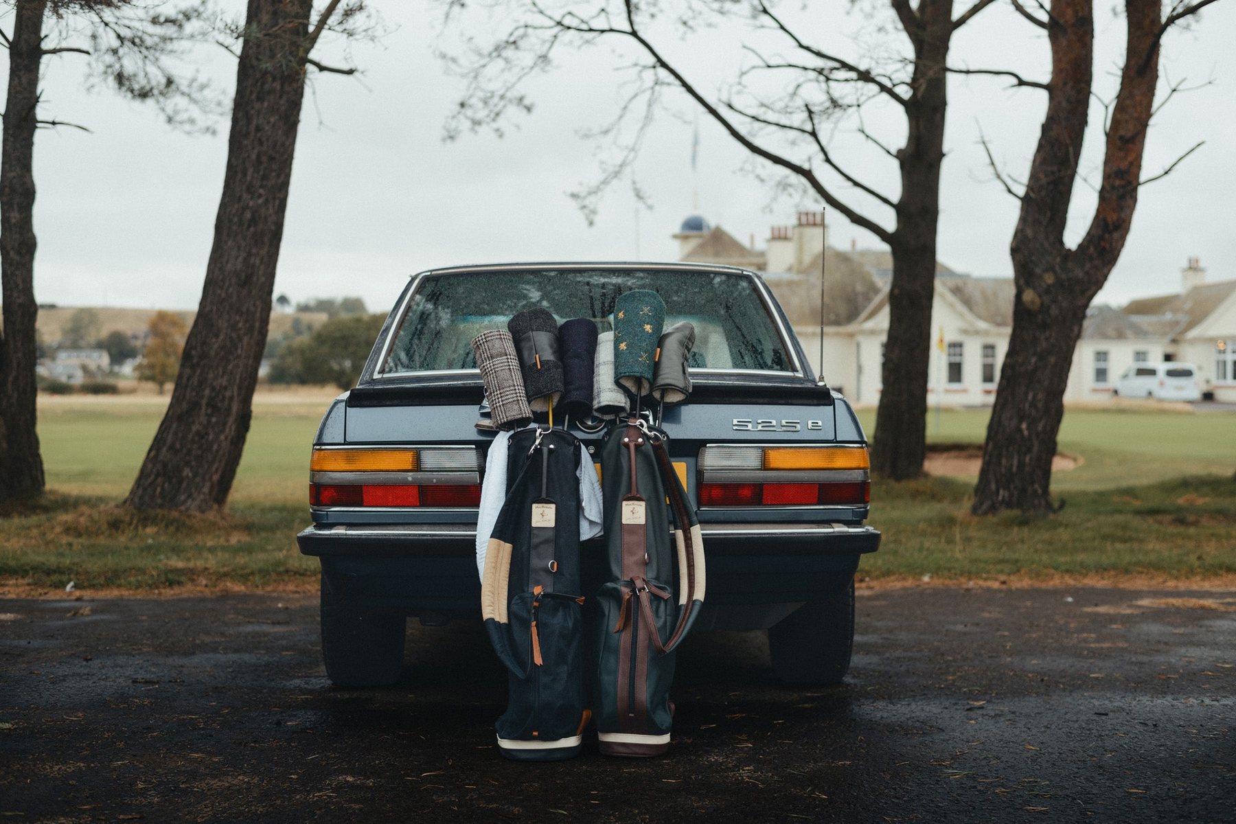 A grey BMW parked under pine trees with two golf bags leaning on the back