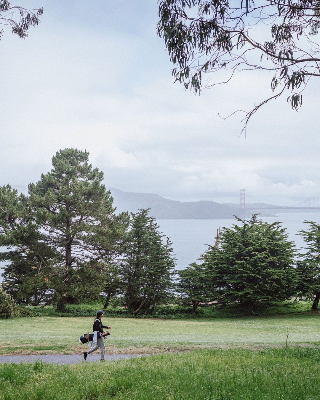 A golfer carrying a bag across a course near the Golden Gate Bridge, in Ashworth