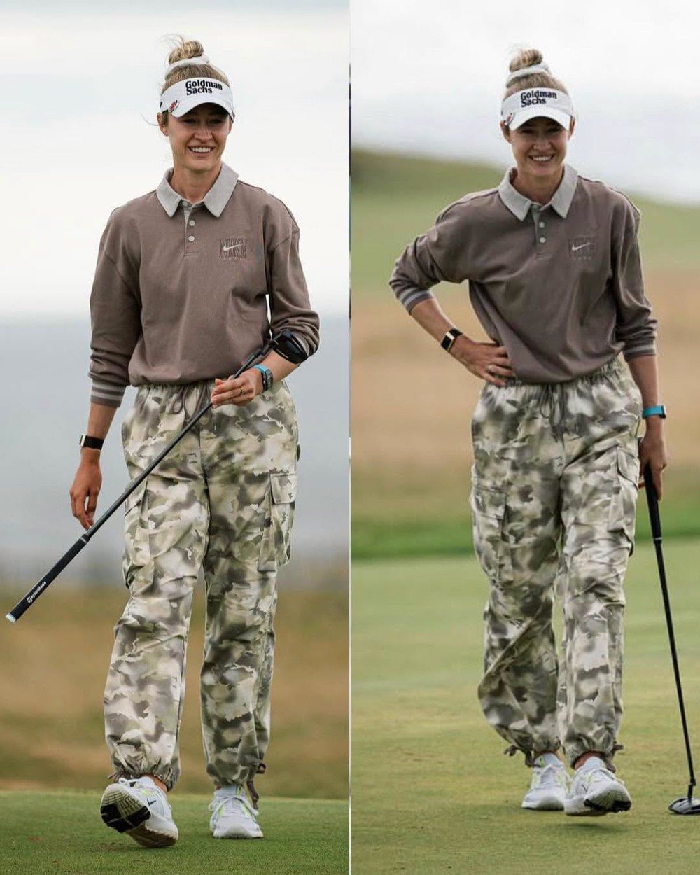 Nelly Korda in camo cargo pants and a brown Nike long-sleeve polo at the 2025 AIG Women&rsquo;s Open, Royal Porthcawl