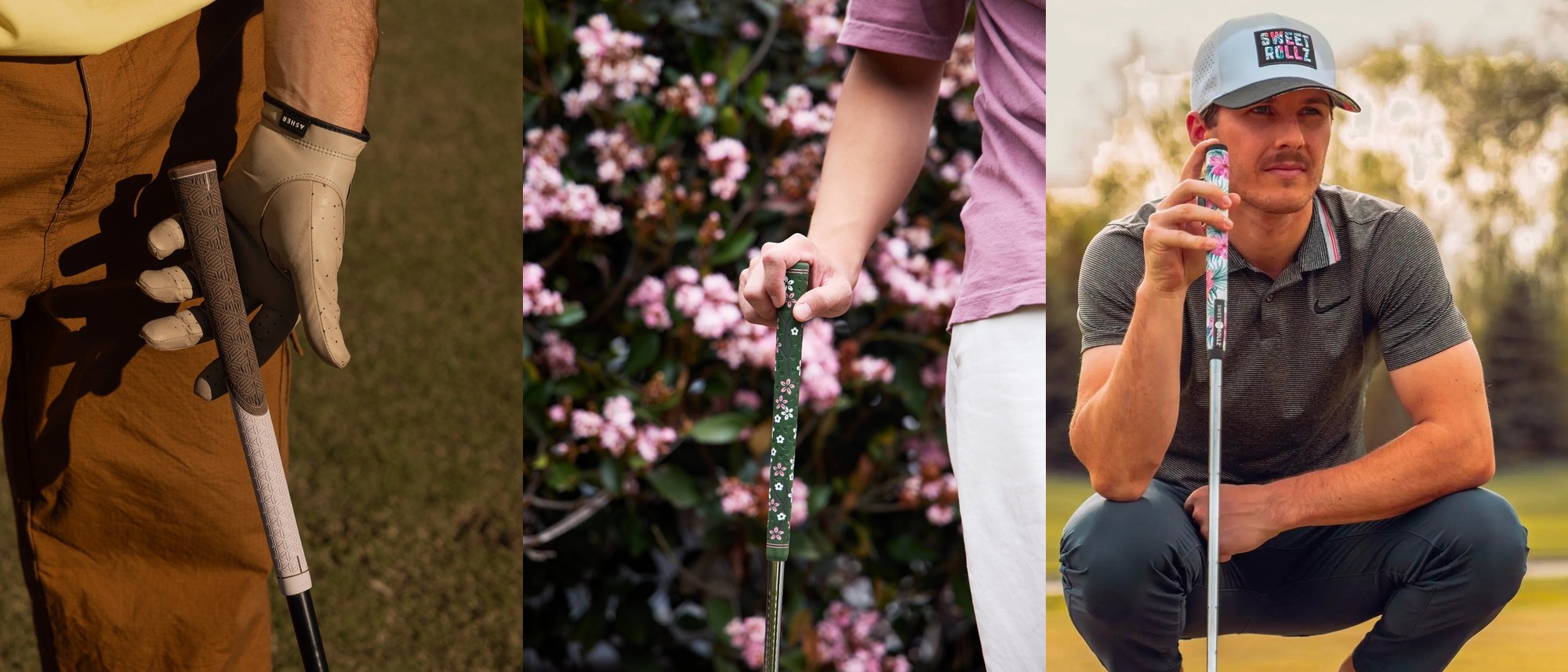 Three golf grip photos side by side: hands on a RIPIT Flower of Life grip, a Cloud & Wind Blossom grip held among pink flowers, and a golfer holding a Sweet Rollz Electric Avenue putter grip