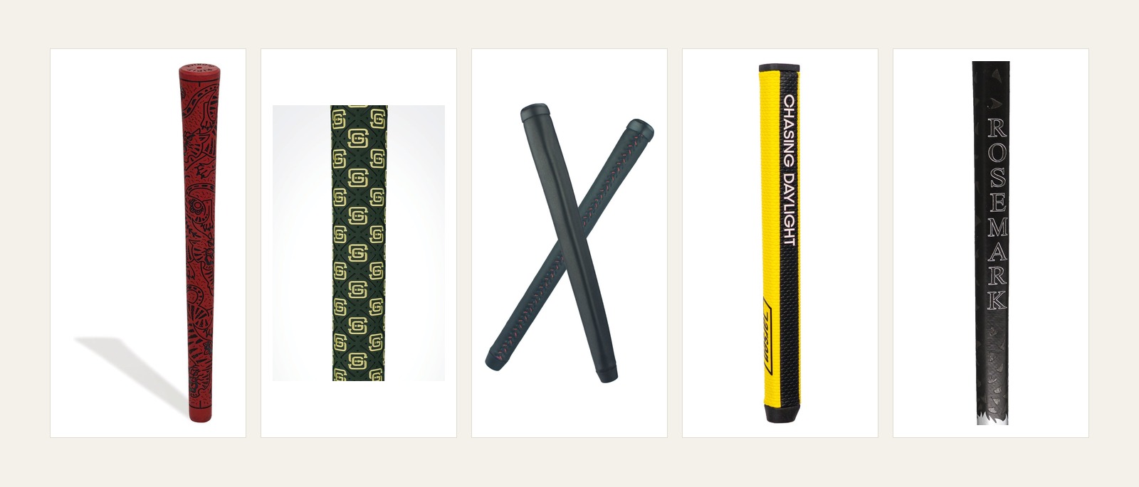 Five independent golf grips from RIPIT, Stick Grips, BestGrips, Garsen and Rosemark