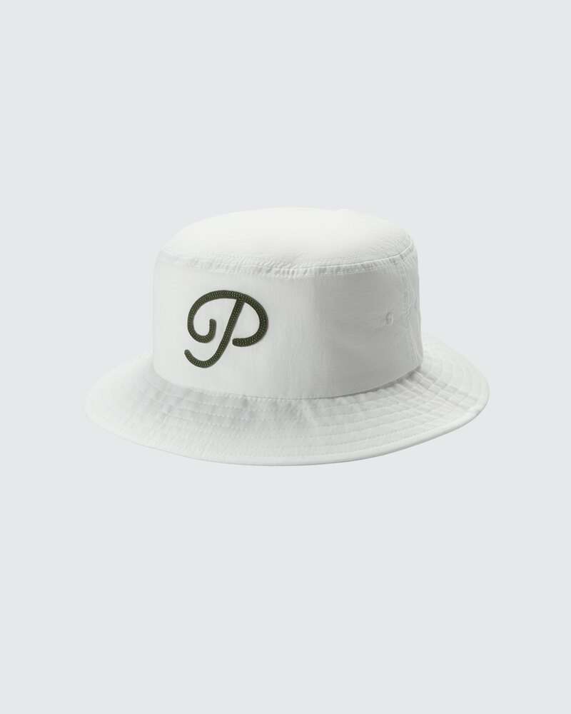 Public Drip "P" Script Nylon Bucket Hat (White) golf hat
