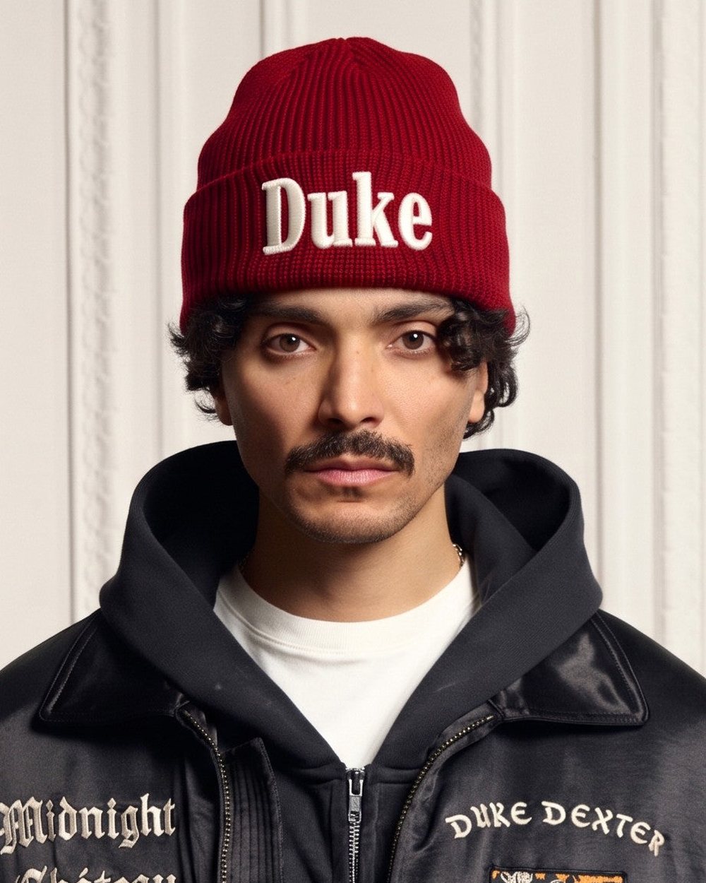 A man in a red ribbed Duke beanie and a black Midnight Chateau jacket