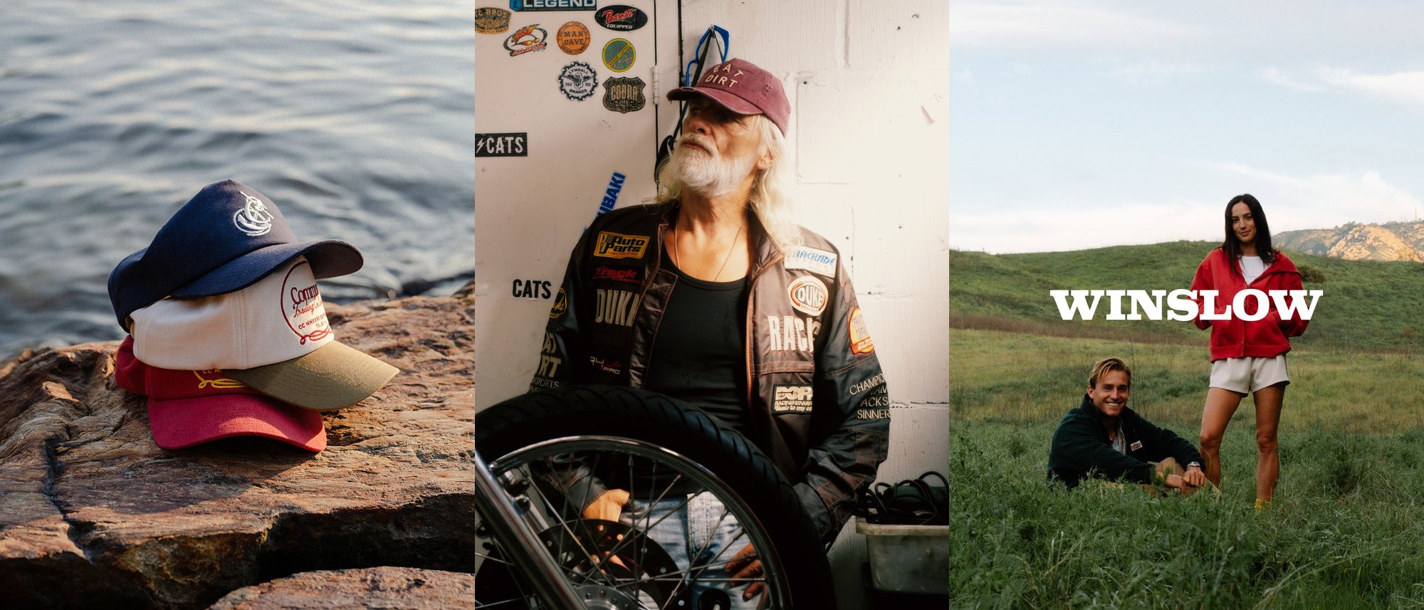 Three photos side by side: a stack of Communal hats on a rock by the water, a bearded man in a Duke + Dexter Eat Dirt cap in a motorcycle garage, and two people in Winslow sweatshirts in a green California field