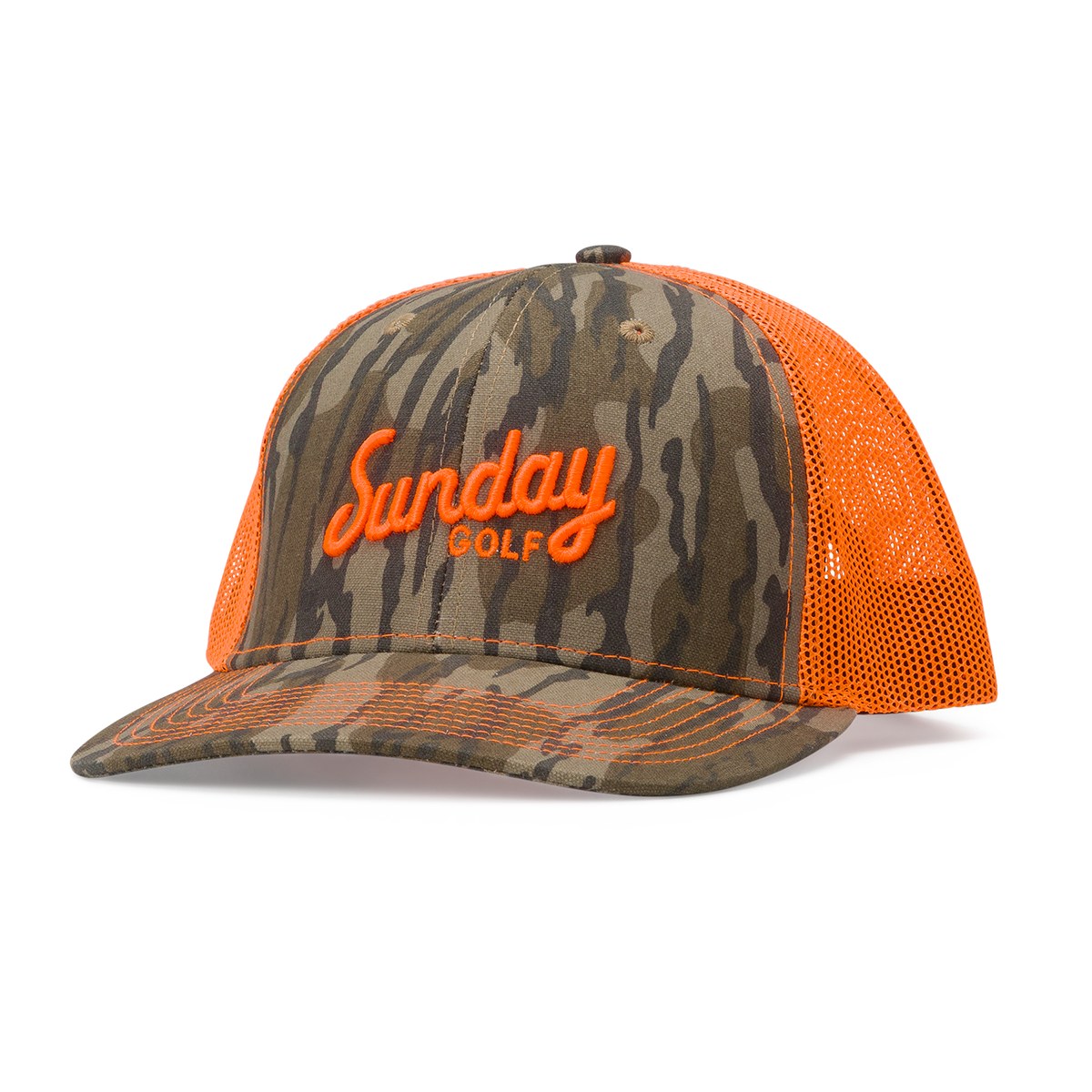 Sunday Golf Trucker Hat, Mossy Oak Bottomland Orange golf hat
