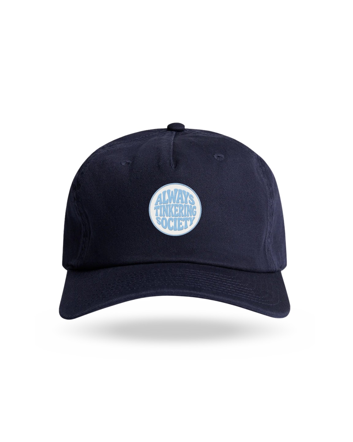 Navy five panel flat peak cap with Always Tinkering Society patch &middot; view 1 of 2