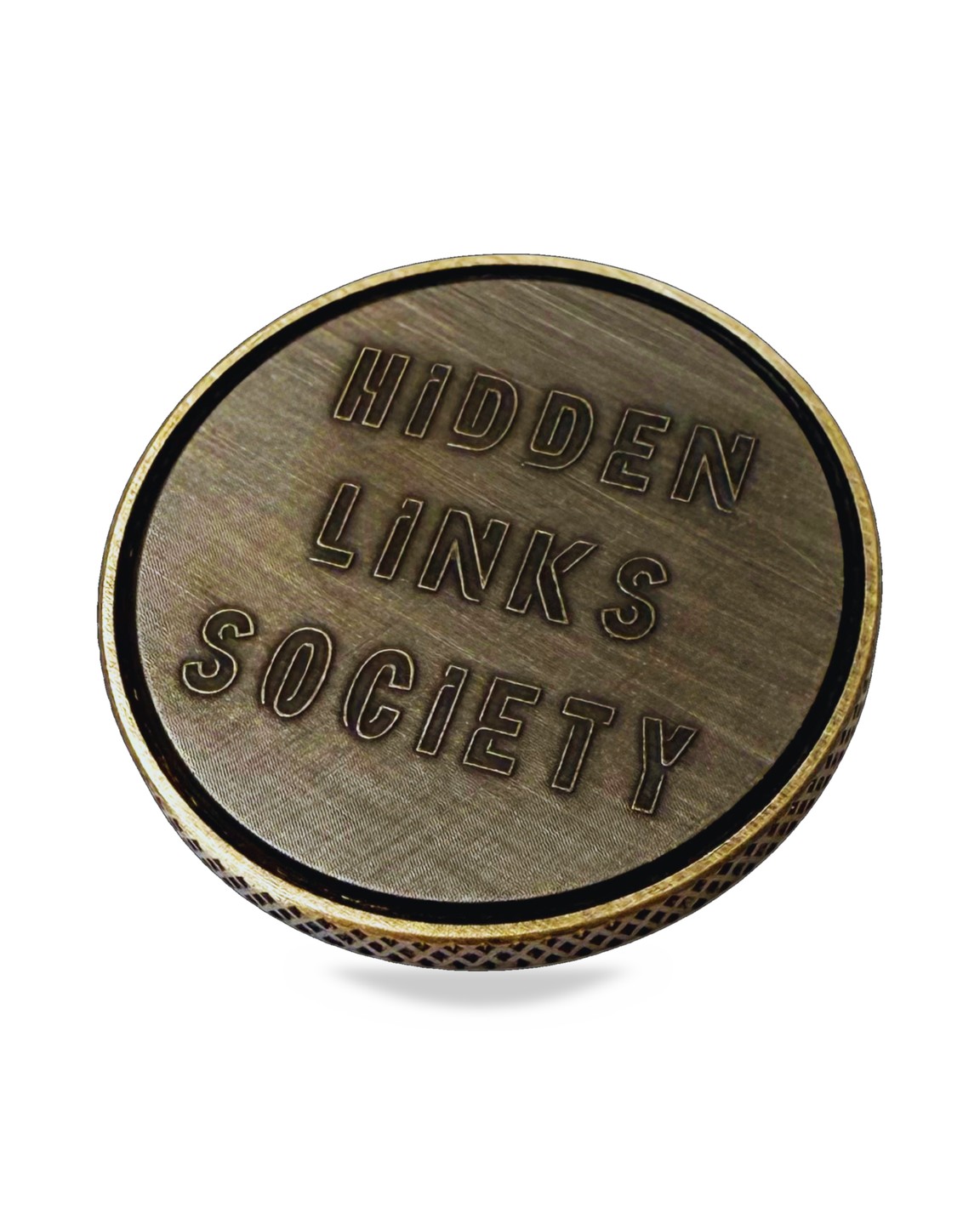 Aged brass ball marker with knurled edge and raised HIDDEN LINKS SOCIETY engraving &middot; view 1 of 2