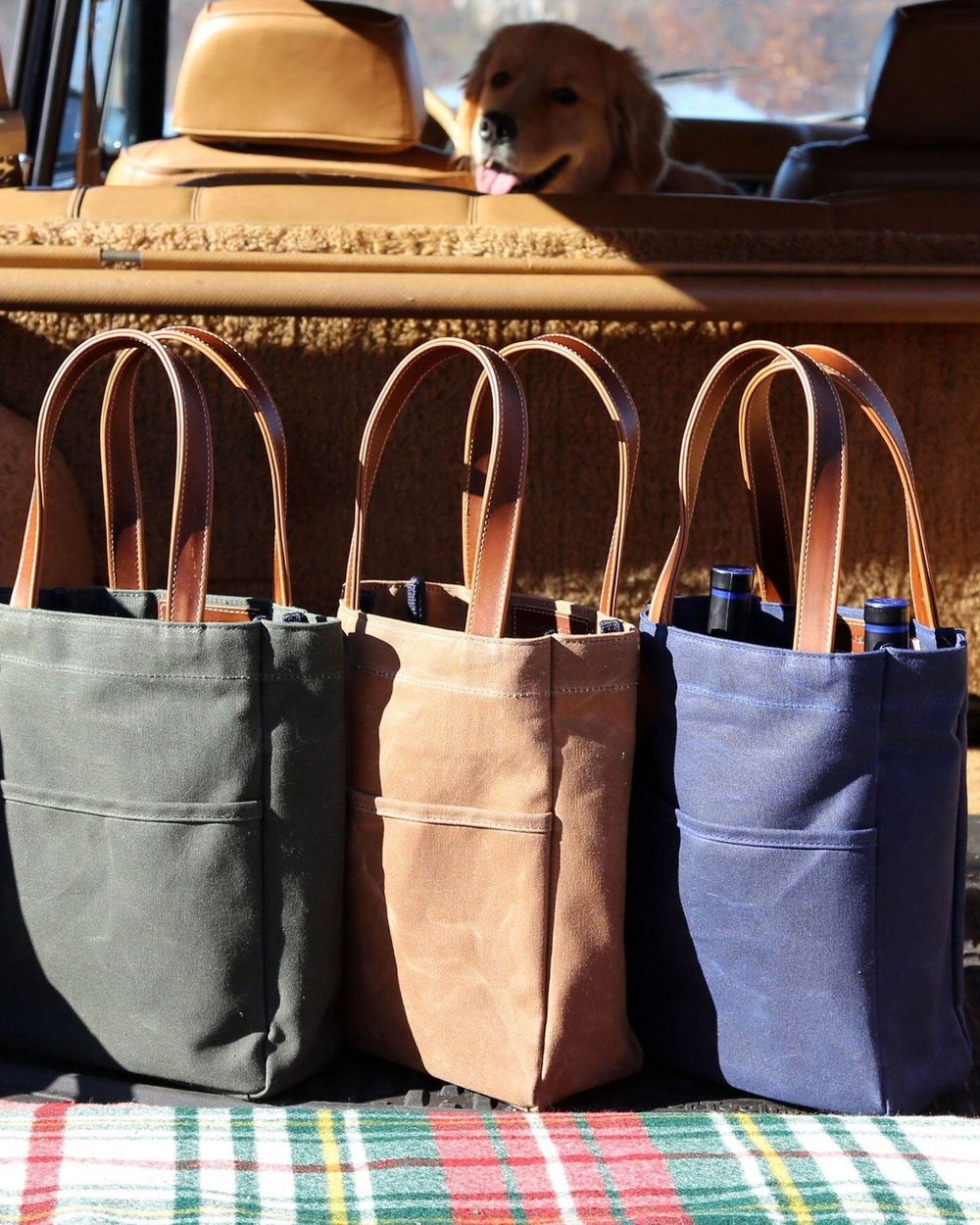 Three waxed canvas wine totes on a truck tailgate with a dog behind