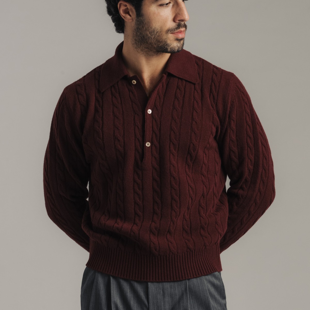 Late Nine Cable Knit Polo Burgundy
