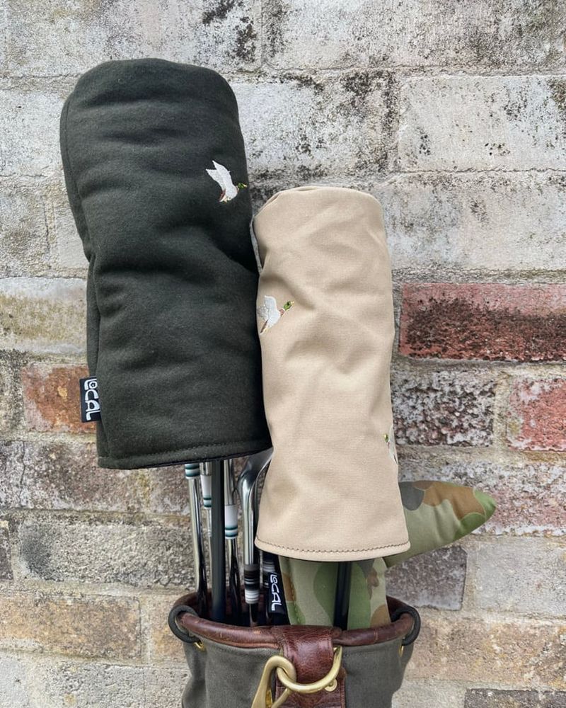 Mallard wool and canvas headcovers up close in a carry bag