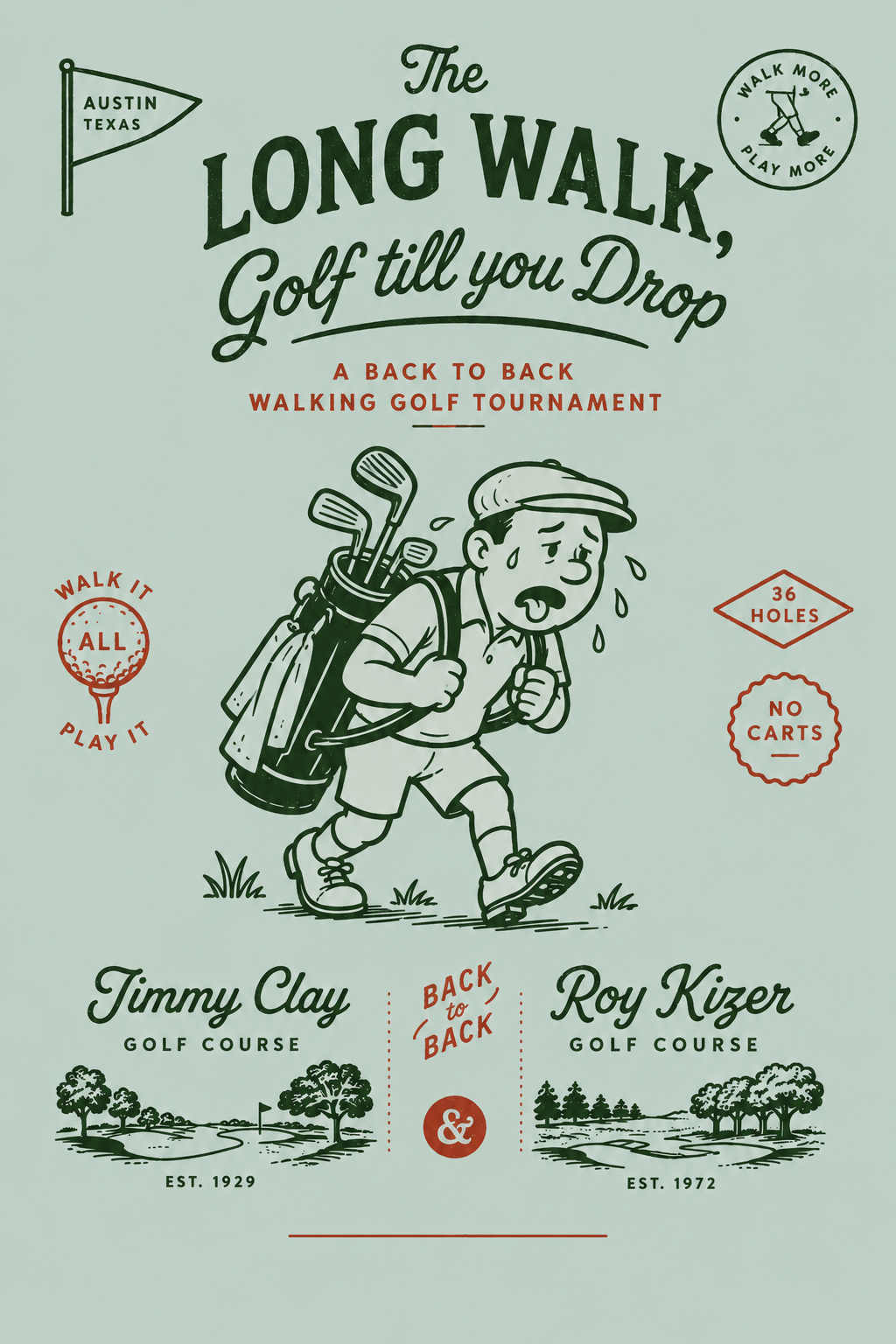 The Long Walk event poster — cartoon golfer carrying a bag, walking 36 holes across Jimmy Clay and Roy Kizer golf courses in Austin, Texas