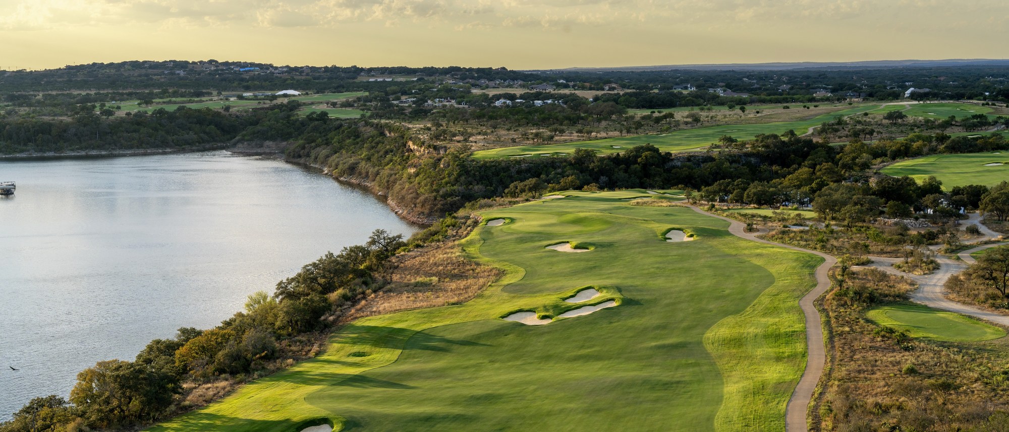 Aerial view of Loraloma's eighth hole on the cliffs above the Pedernales River in Spicewood, Texas