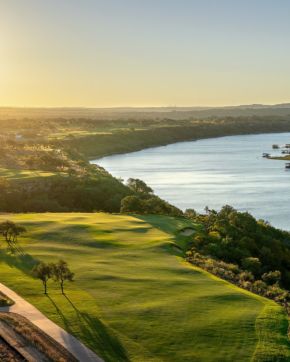 Aerial view of Loraloma's second hole above the Pedernales River