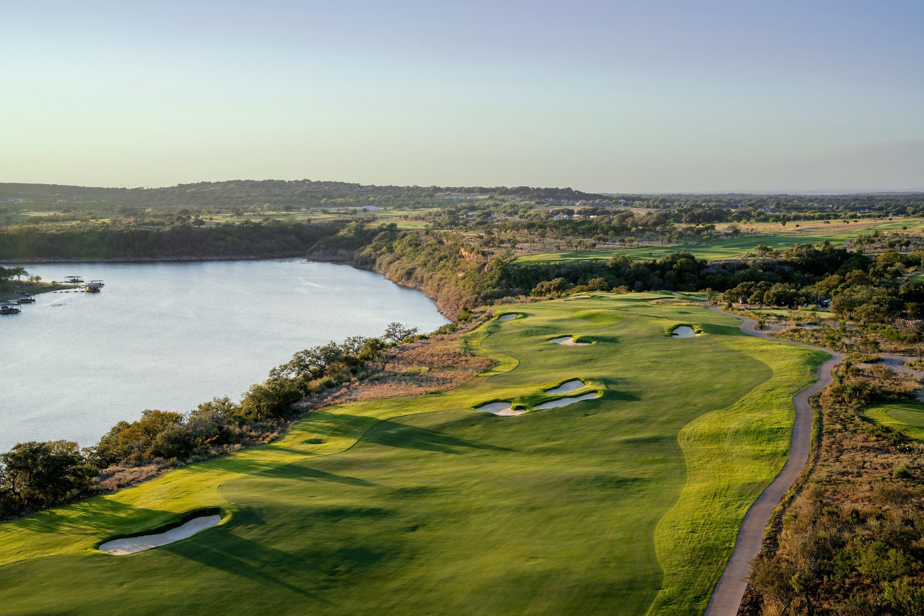 Aerial view of Loraloma's eighth hole running along the cliffs above the Pedernales River
