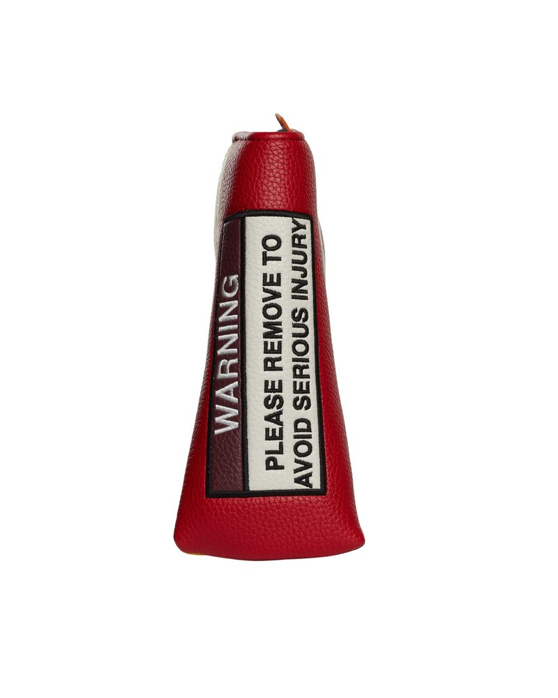 Stitch Golf Warning putter cover in red with skull and warning type · view 2 of 4