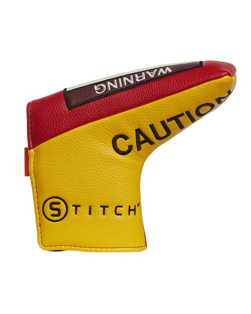 Stitch Golf Warning putter cover in red with skull and warning type · view 3 of 4