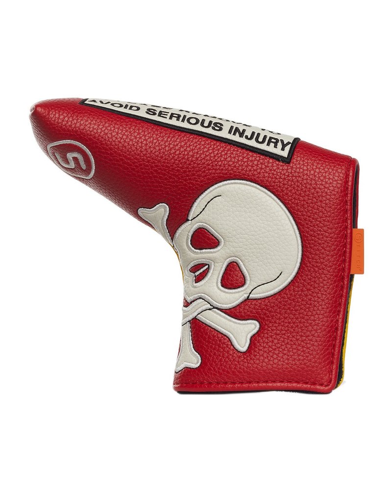 Stitch Golf Warning putter cover in red with skull and warning type · view 4 of 4
