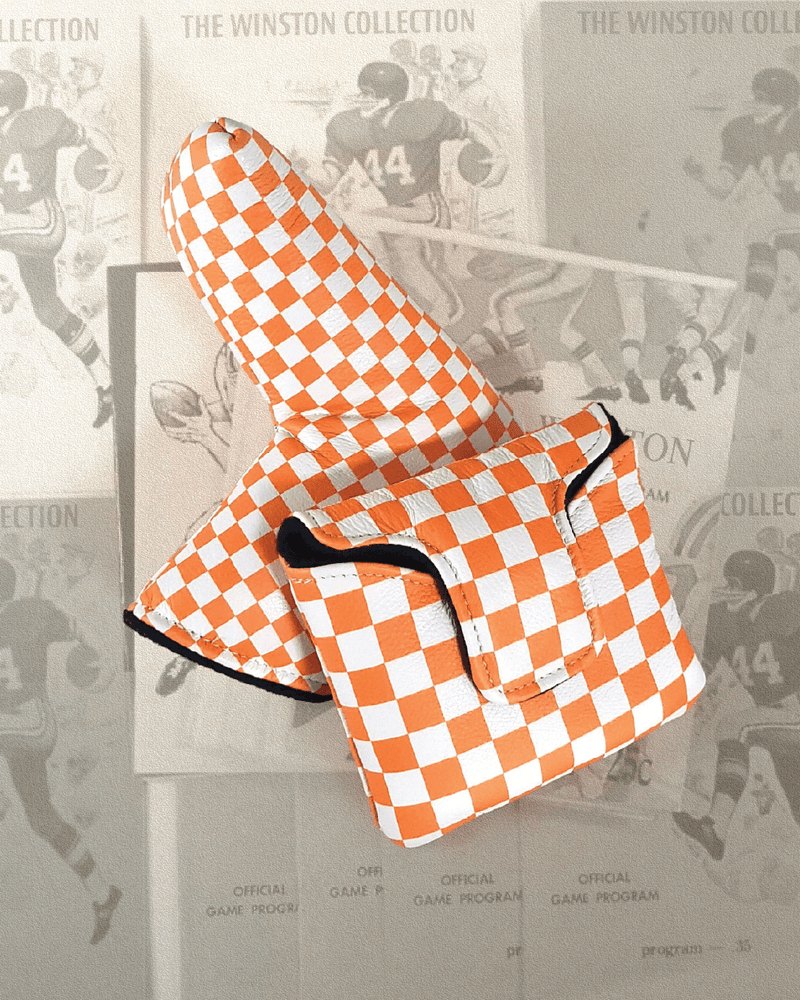Winston Collection orange and white checkerboard leather blade putter cover · view 3 of 3