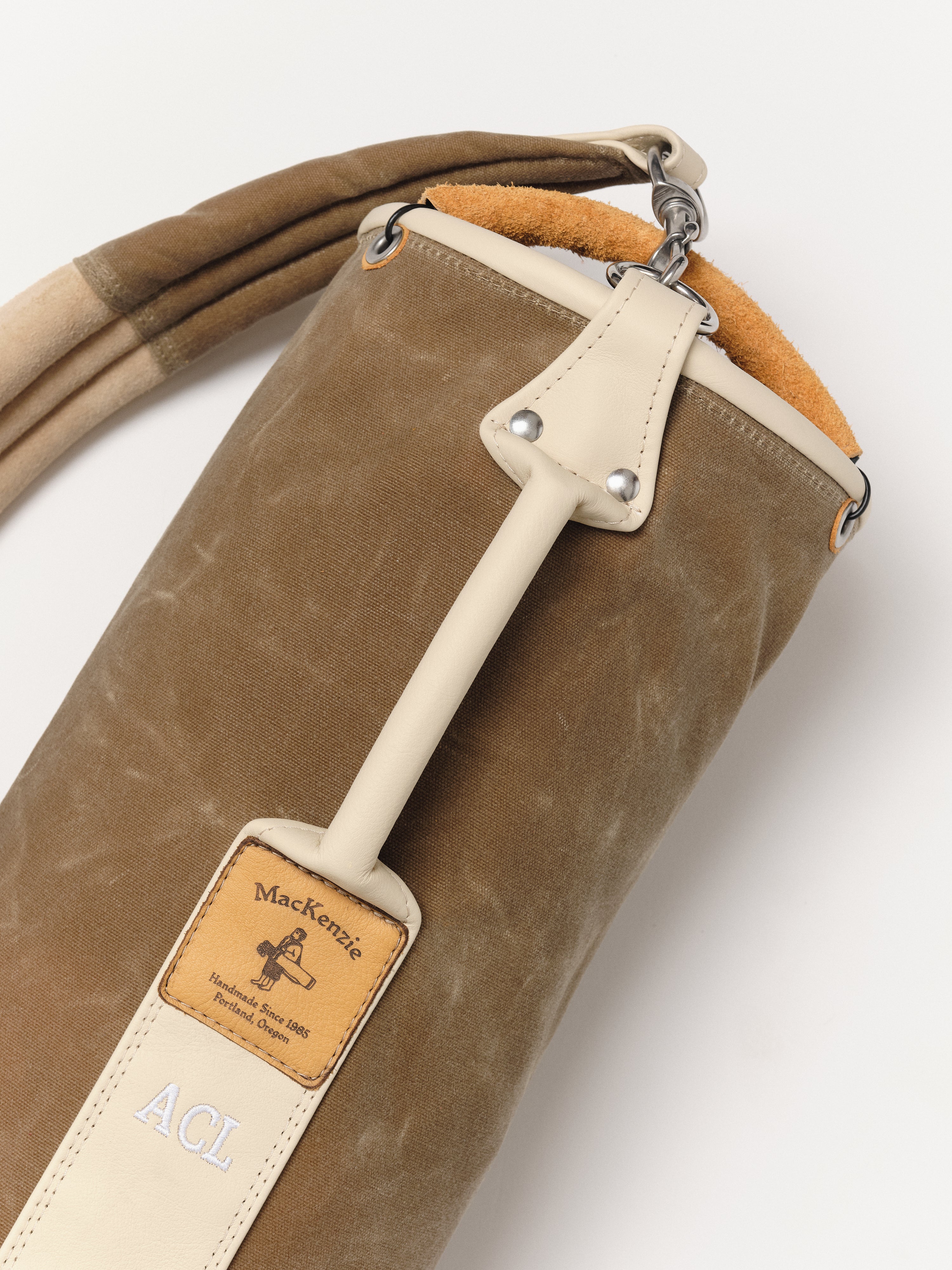 MacKenzie x ACL Golf carry bag in tan waxed canvas with green leather · view 2 of 4