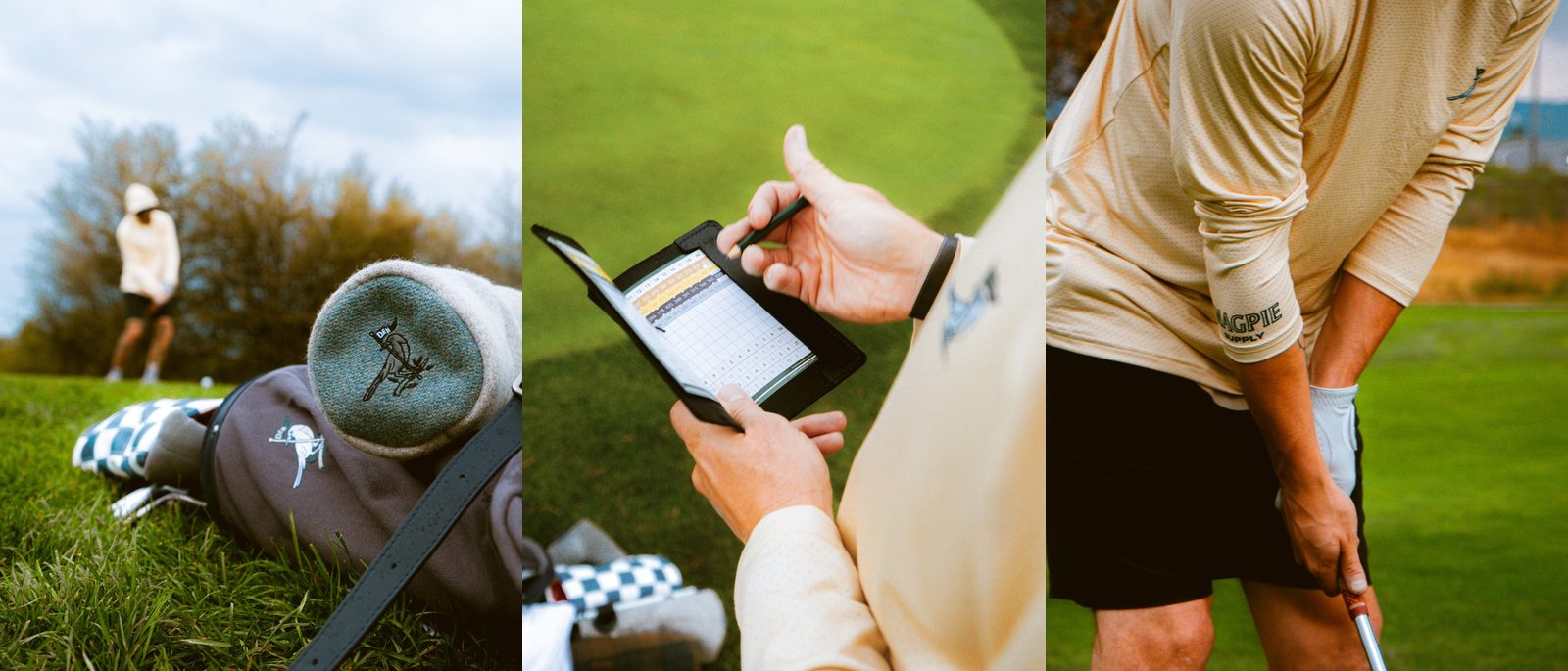 Magpie Supply: the RossCo headcover on a golf bag, a golfer writing in the leather scorecard holder, and a golfer at address in the Staple Sun Shirt