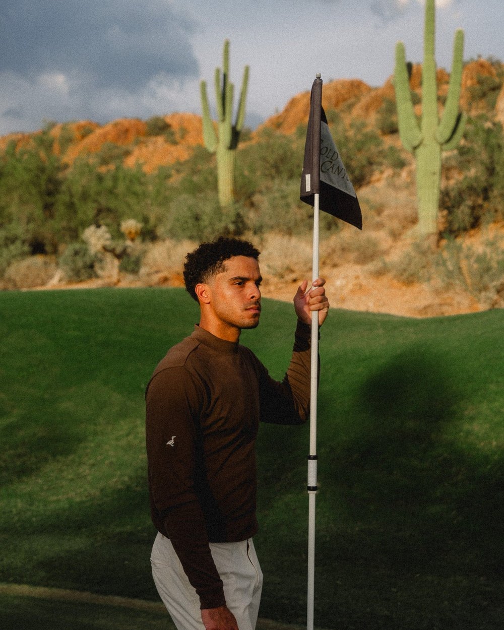 A golfer in a brown long-sleeve mock neck holding the flagstick among saguaros