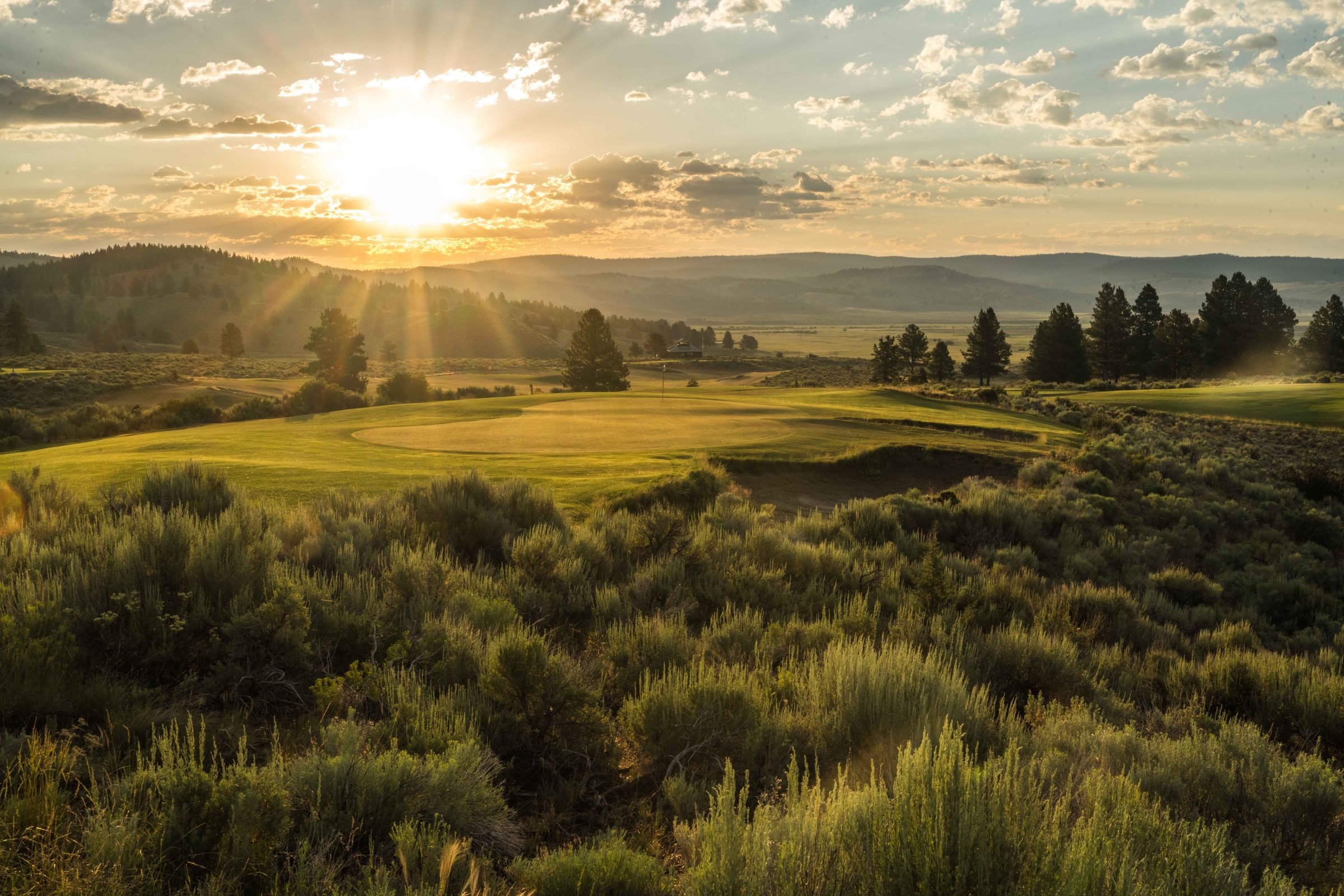 Sunburst over a wide valley with a green among sagebrush and pines at Silvies