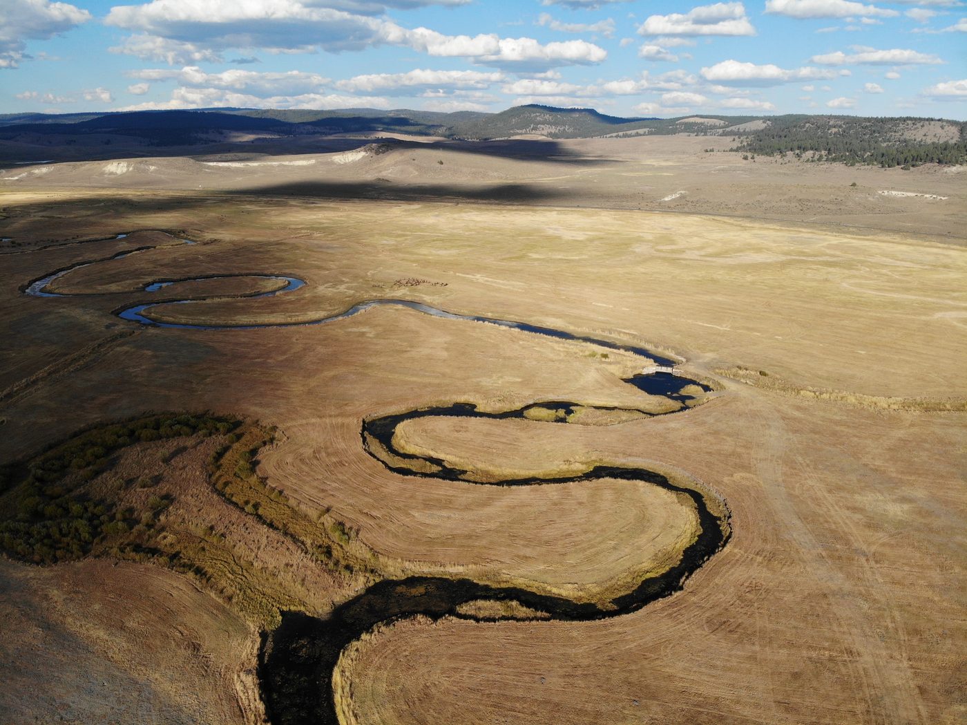 Aerial of a creek meandering across a broad valley floor