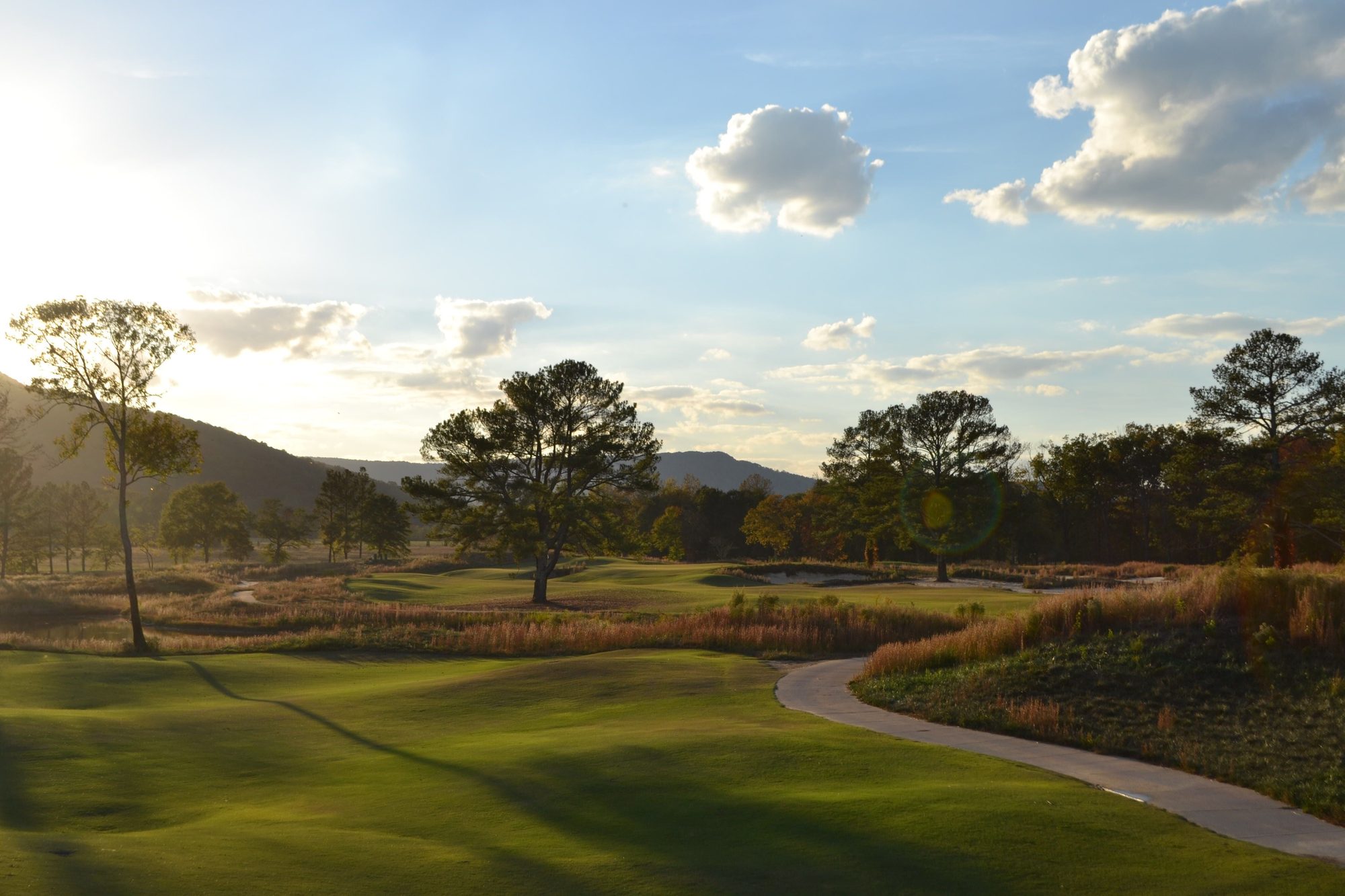 October view across Sweetens Cove's 5th with oaks and the Cumberland Plateau behind