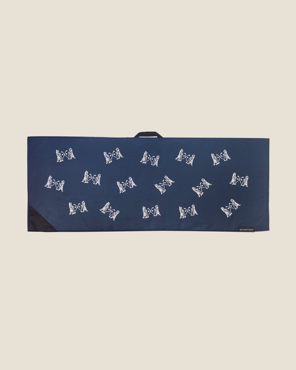 A navy custom No Dirt towel printed with a repeating white crest