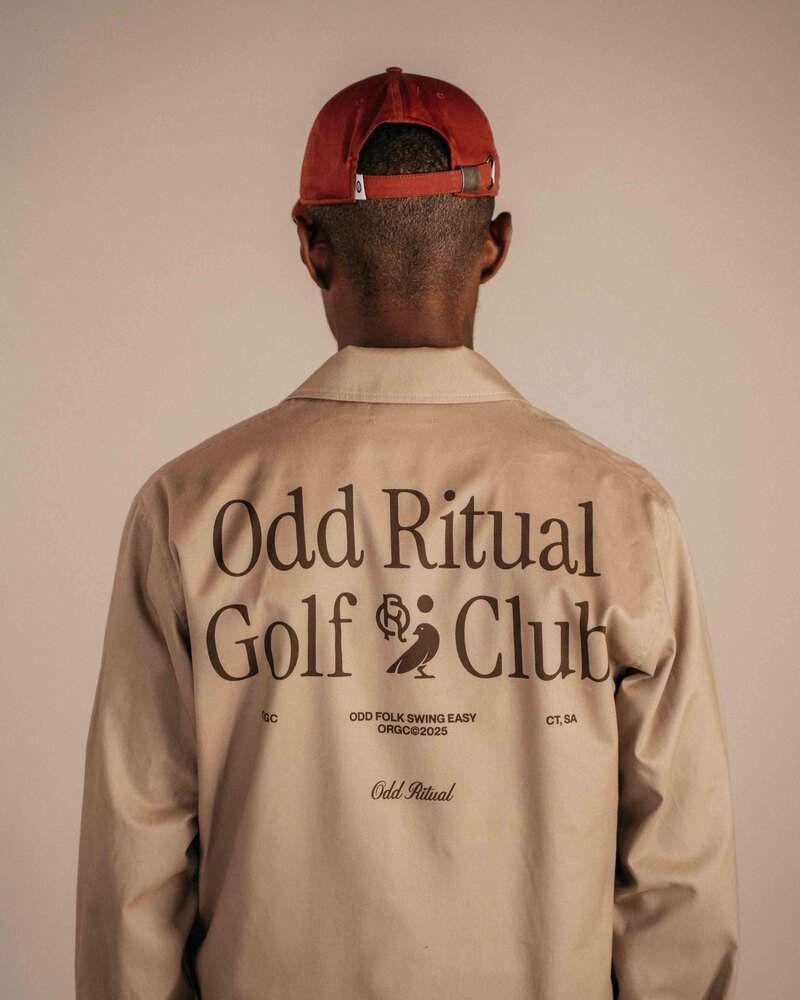 Odd Ritual Caddie Jacket in Khaki with back print, on model · view 2 of 4