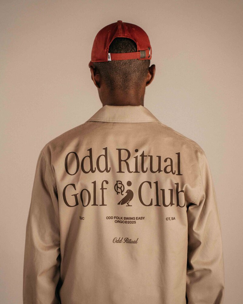 Odd Ritual Caddie Jacket in Khaki with back print, on model · view 1 of 4