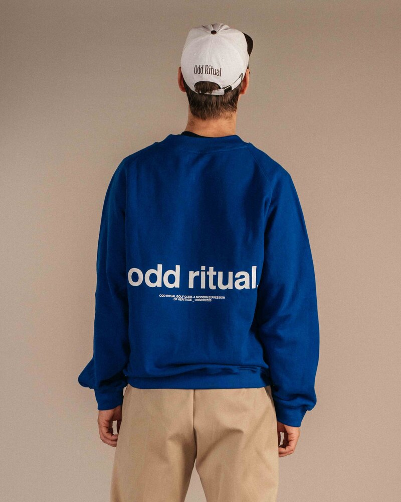 Odd Ritual ORGC Sweater in Blue with back print, on model · view 2 of 4