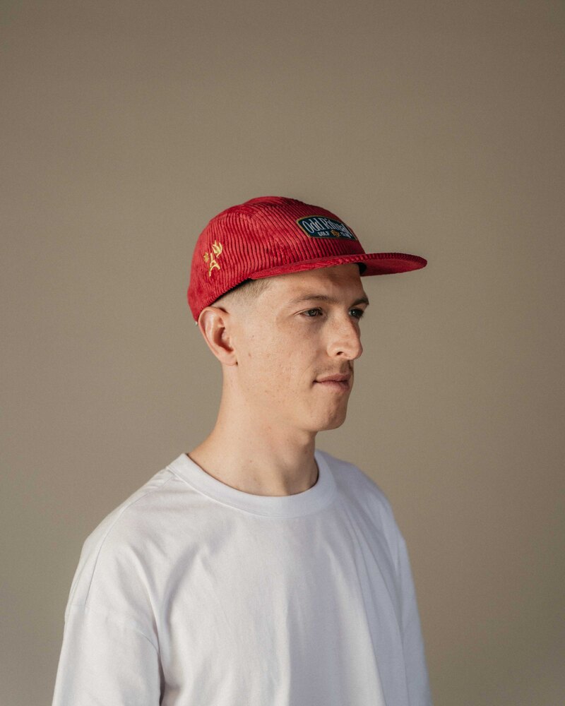 PGG X ODD Corduroy Cap in Maroon, on model · view 3 of 4