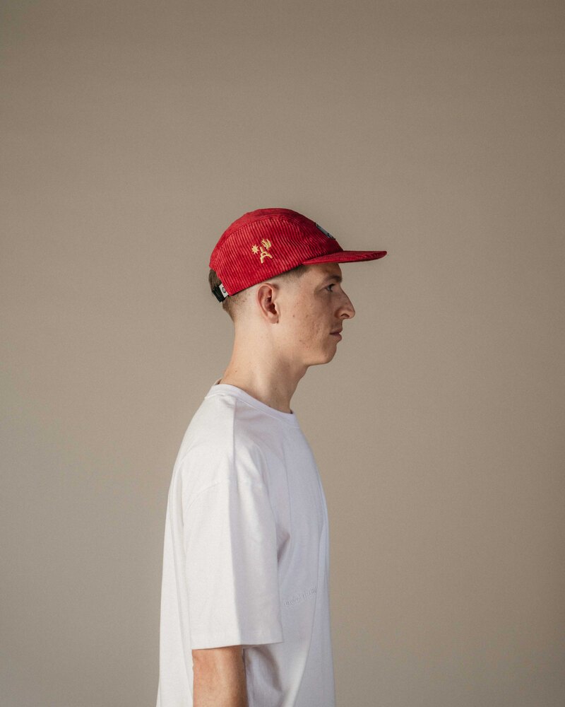 PGG X ODD Corduroy Cap in Maroon, on model · view 4 of 4