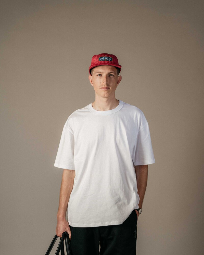 PGG X ODD Corduroy Cap in Maroon, on model · view 1 of 4