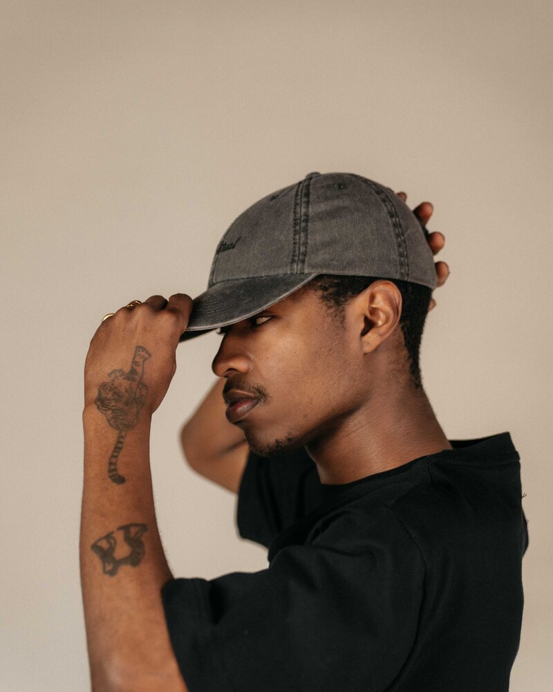 Odd Ritual Script Dad Cap in Charcoal, on model · view 3 of 4