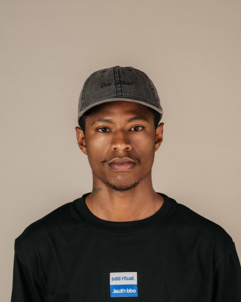 Odd Ritual Script Dad Cap in Charcoal, on model · view 1 of 4
