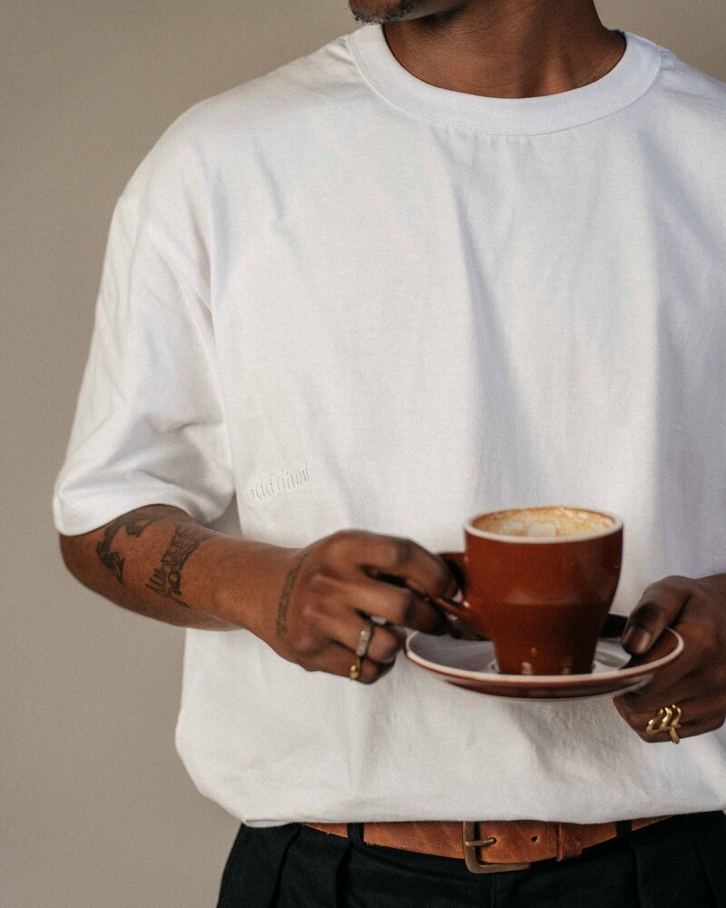 Odd Ritual Minimal Wordmark T-Shirt in White, on model · view 3 of 4