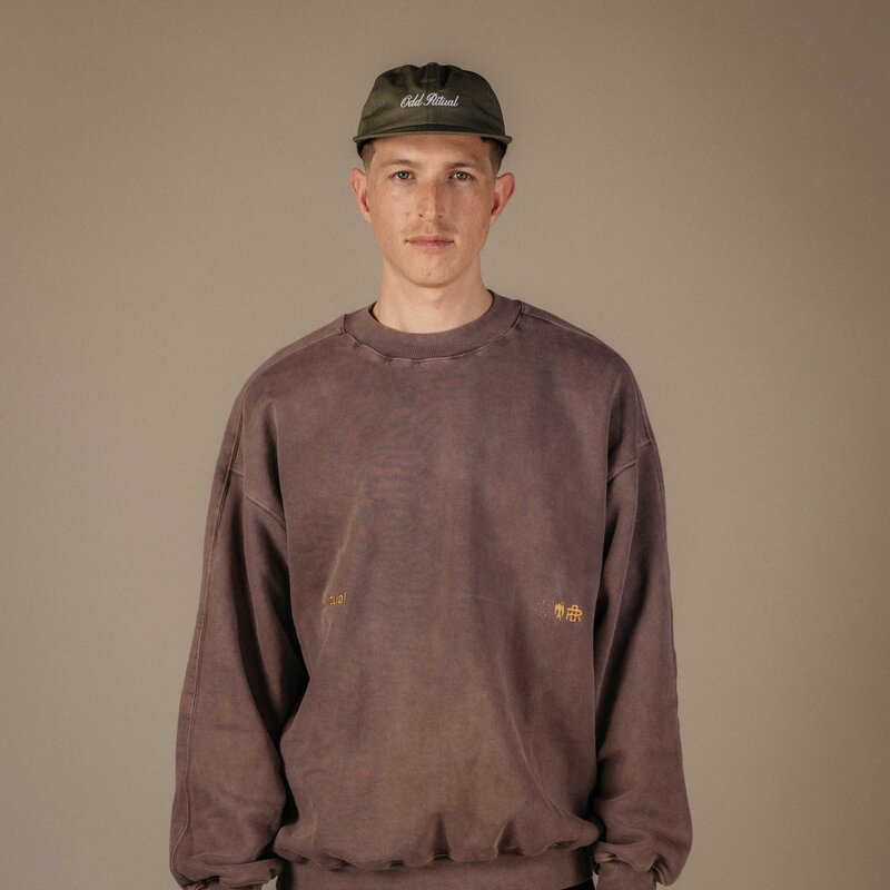 Odd Ritual ORGC Traditions Crewneck — Burgundy, on model