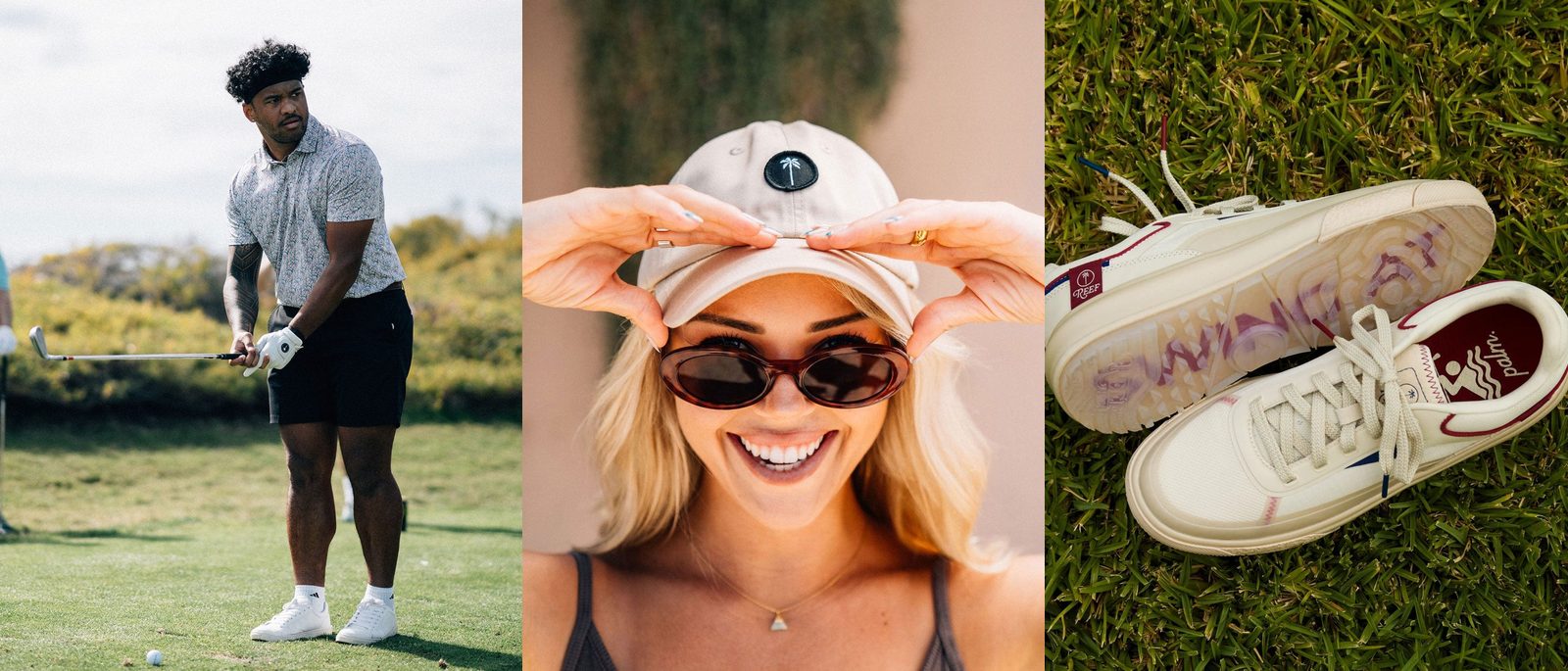 Palm Golf Co.: a golfer in a Palm glove on the tee, a woman in a Lazy Palm cap, and the REEF x Palm G-Papi shoe on the grass