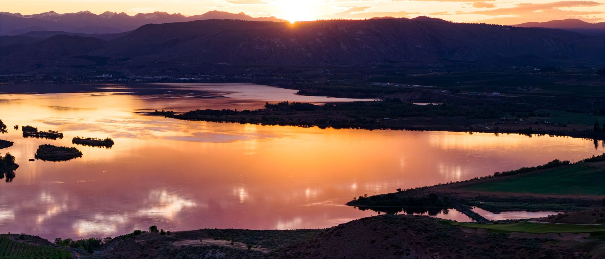 Sunset over the Columbia River from the high bluff at Gamble Sands in Brewster, Washington
