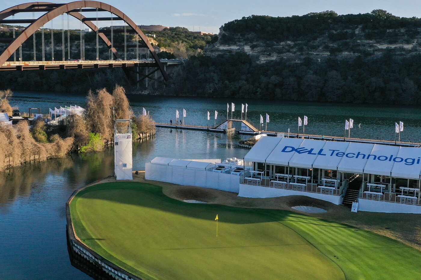 Austin Country Club 12th green on Lake Austin beneath the Pennybacker Bridge