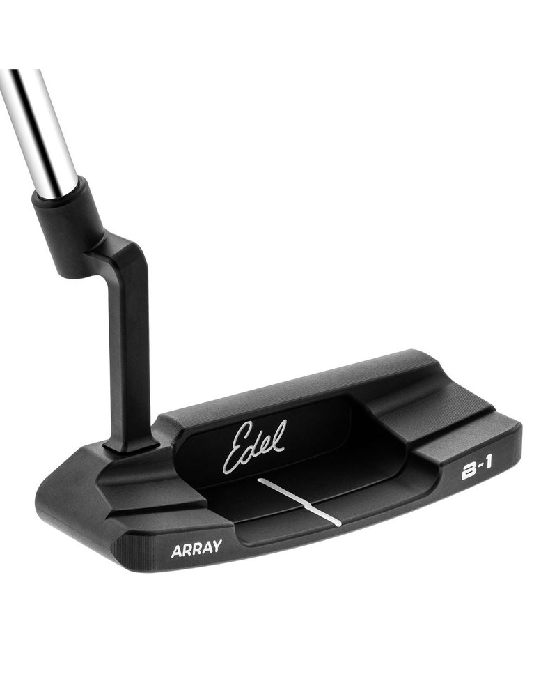 The rear of the Edel Array B-1 putter showing the Array badging and adjustable weights