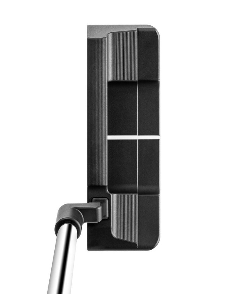 The Edel Array B-1 wide blade putter at address showing the alignment line